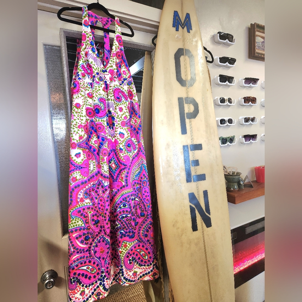 MOD 60s 70s Vintage  Flower Power Black Light  Hot Pink Maxi Paisley Sun Dress